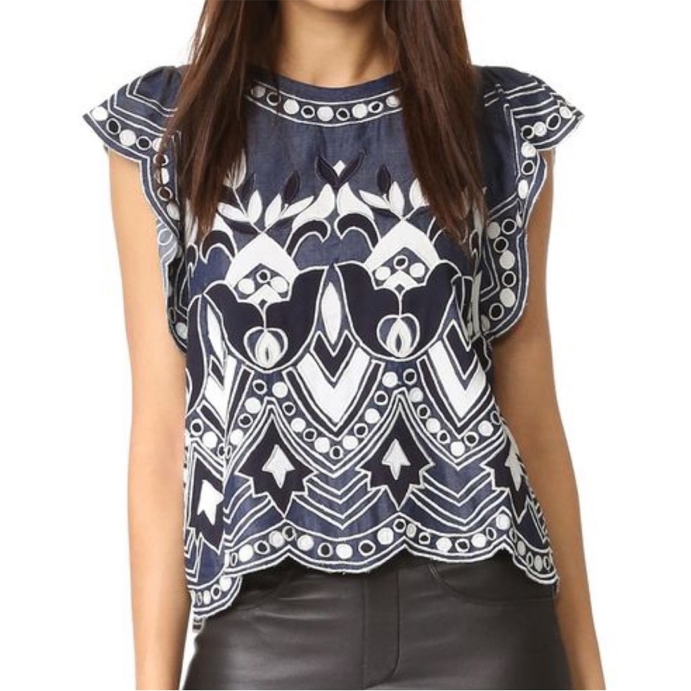 Parker Embroidered Floral Flutter Sleeve Chambray Wyatt Blouse Navy White Top XS